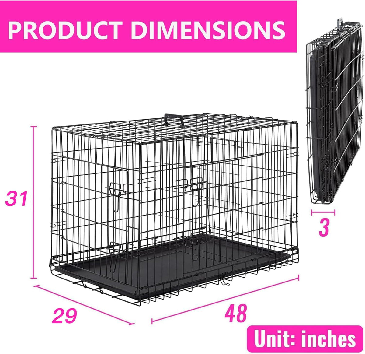 48" Foldable Metal Dog Crate | Dark Black | Cage for XL Dogs