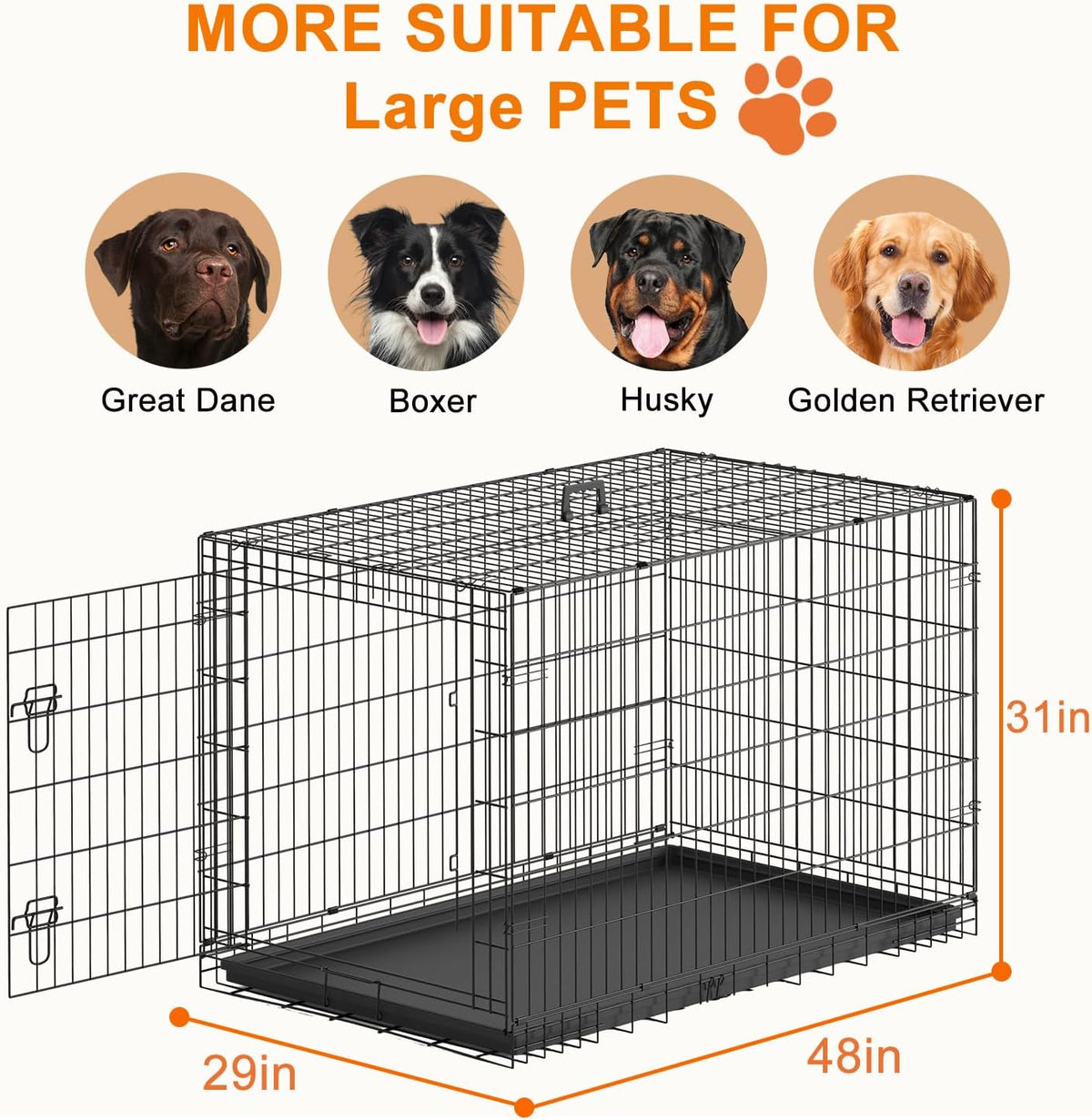48" Foldable Metal Dog Crate | Dark Black | Cage for XL Dogs