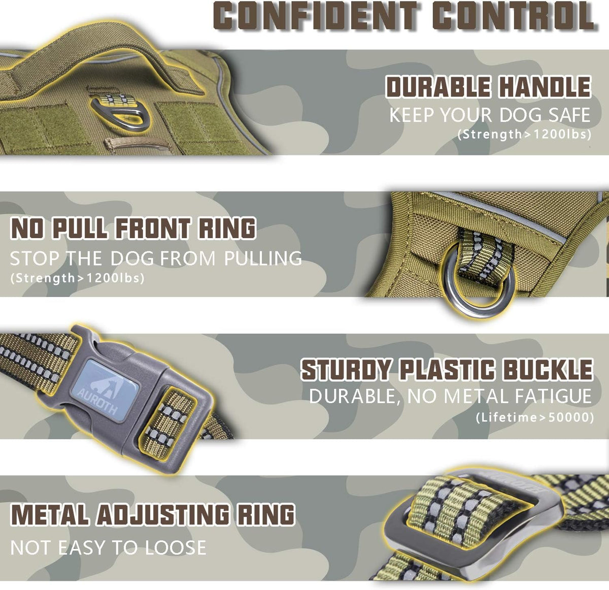 Auroth Tactical Dog Harness for Large Dogs No Pull Adjustable Pet Harness Reflective K9 Working Training Easy Control Pet Vest Military Service Dog Harnesses Army Yellow L | Easy Control with handle, Adjustable, Reflective, Military K9, for German