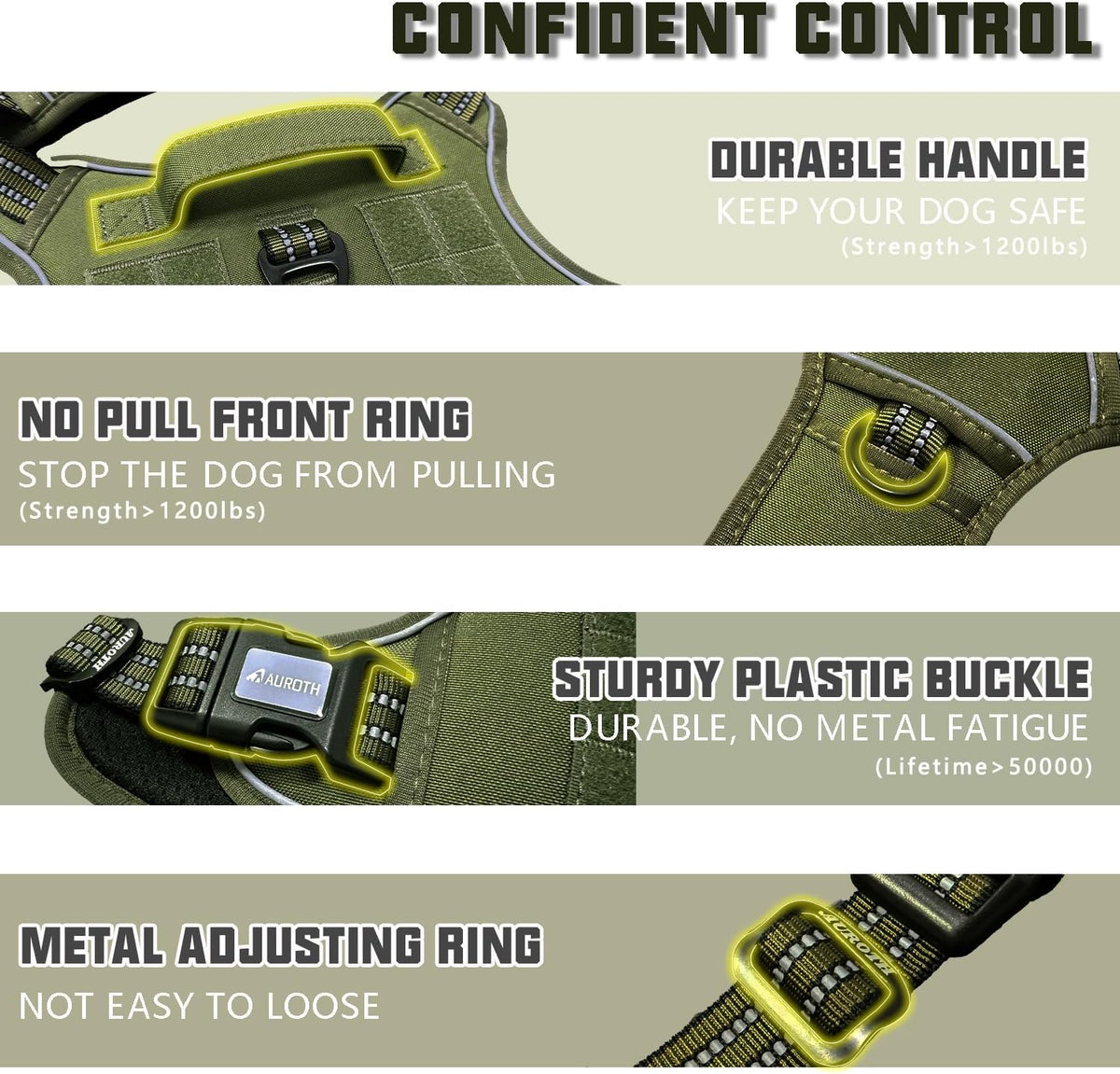 Auroth Tactical Dog Harness for Large Dogs No Pull Adjustable Pet Harness Reflective K9 Working Training Easy Control Pet Vest Military Service Dog Harnesses Army Yellow L | Easy Control with handle, Adjustable, Reflective, Military K9, for German