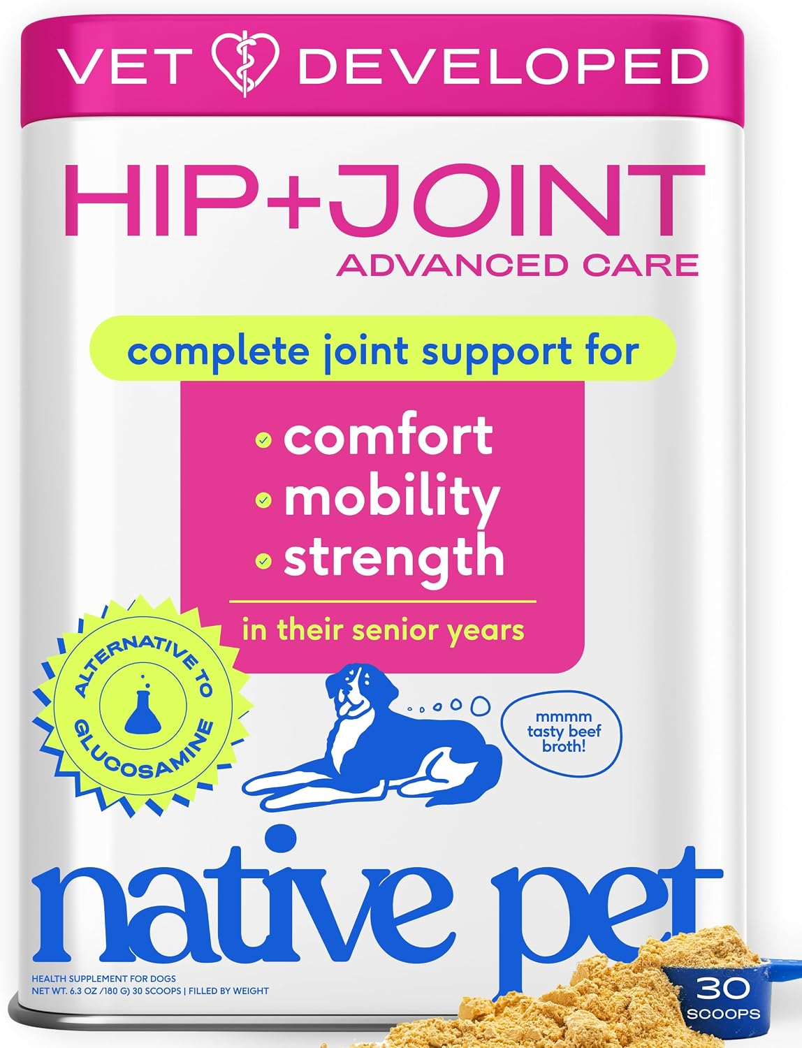 Hip and Joint Supplement Dogs - Powder with UC-II Collagen and HMB - Senior and Large Breed Dog Joint Support - Made in USA - 30 Scoops