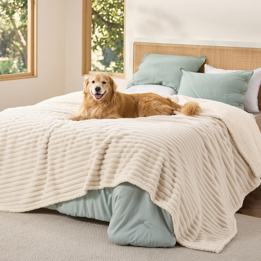 ComfyFleece™ Waterproof Dog Blankets for Large Dogs,50x60 Cream | Soft Plush Couch Cover,Washable Corduroy Fleece for Furniture Protector,Cozy Calming Reversible Pet Blanket for Senior Dogs