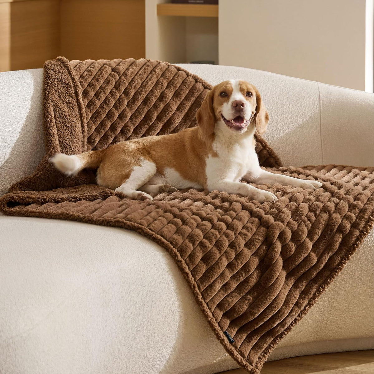 ComfyFleece™ Waterproof Dog Blankets for Large Dogs,50x60 Cream | Soft Plush Couch Cover,Washable Corduroy Fleece for Furniture Protector,Cozy Calming Reversible Pet Blanket for Senior Dogs