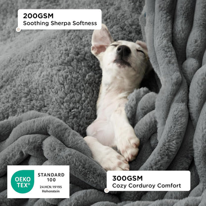 ComfyFleece™ Waterproof Dog Blankets for Large Dogs,50x60 Cream | Soft Plush Couch Cover,Washable Corduroy Fleece for Furniture Protector,Cozy Calming Reversible Pet Blanket for Senior Dogs