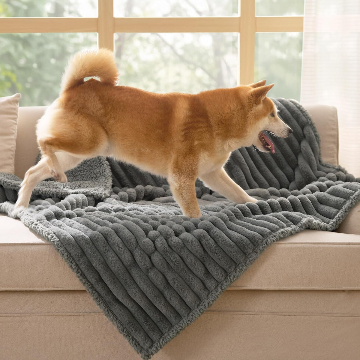 ComfyFleece™ Waterproof Dog Blankets for Large Dogs,50x60 Cream | Soft Plush Couch Cover,Washable Corduroy Fleece for Furniture Protector,Cozy Calming Reversible Pet Blanket for Senior Dogs