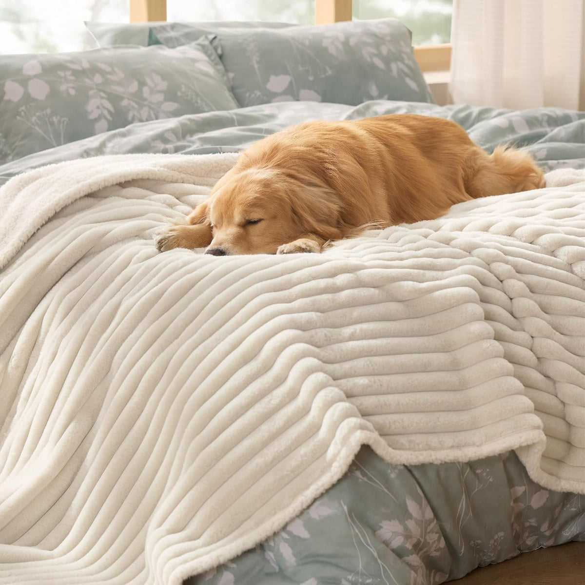 ComfyFleece™ Waterproof Dog Blankets for Large Dogs,50x60 Cream | Soft Plush Couch Cover,Washable Corduroy Fleece for Furniture Protector,Cozy Calming Reversible Pet Blanket for Senior Dogs