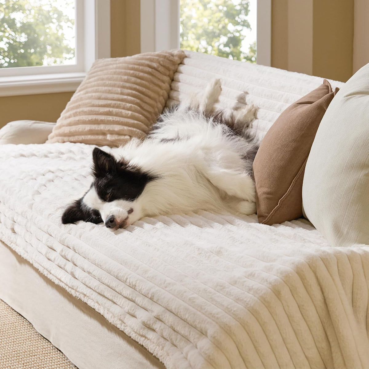 ComfyFleece™ Waterproof Dog Blankets for Large Dogs,50x60 Cream | Soft Plush Couch Cover,Washable Corduroy Fleece for Furniture Protector,Cozy Calming Reversible Pet Blanket for Senior Dogs