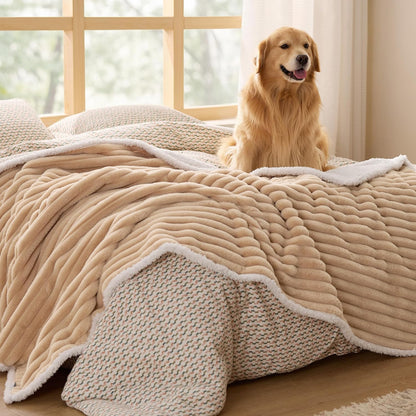 ComfyFleece™ Waterproof Dog Blankets for Large Dogs,50x60 Cream | Soft Plush Couch Cover,Washable Corduroy Fleece for Furniture Protector,Cozy Calming Reversible Pet Blanket for Senior Dogs