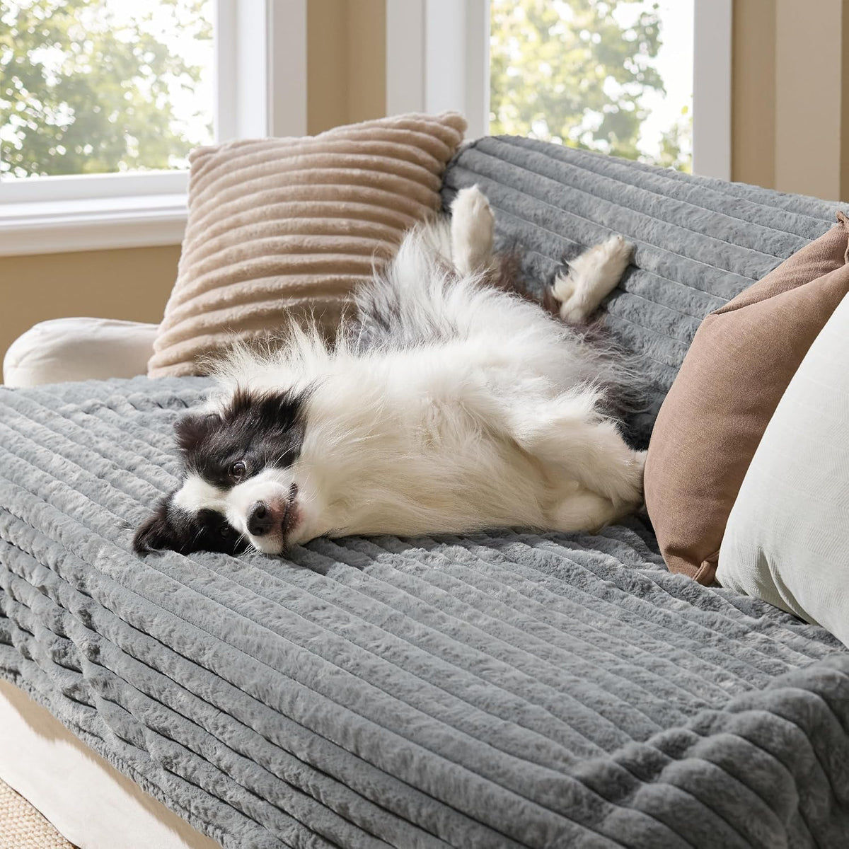 ComfyFleece™ Waterproof Dog Blankets for Large Dogs,50x60 Cream | Soft Plush Couch Cover,Washable Corduroy Fleece for Furniture Protector,Cozy Calming Reversible Pet Blanket for Senior Dogs