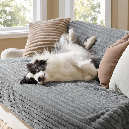 ComfyFleece™ Waterproof Dog Blankets for Large Dogs,50x60 Cream | Soft Plush Couch Cover,Washable Corduroy Fleece for Furniture Protector,Cozy Calming Reversible Pet Blanket for Senior Dogs