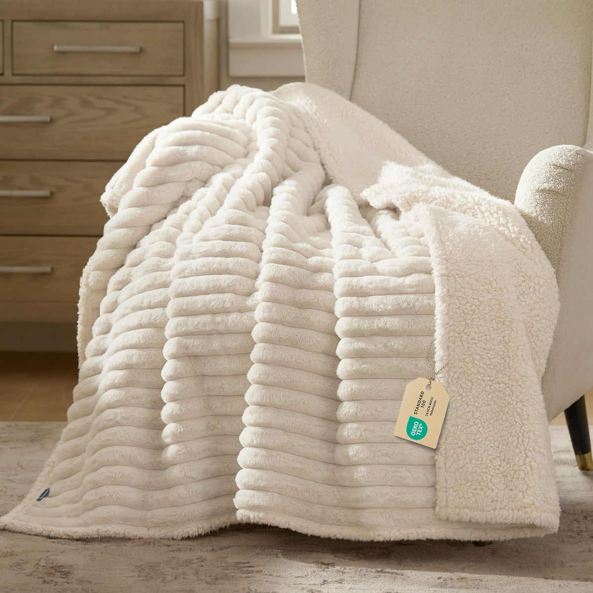 ComfyFleece™ Waterproof Dog Blankets for Large Dogs,50x60 Cream | Soft Plush Couch Cover,Washable Corduroy Fleece for Furniture Protector,Cozy Calming Reversible Pet Blanket for Senior Dogs