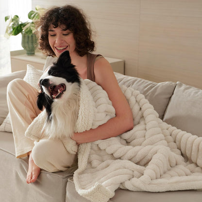 ComfyFleece™ Waterproof Dog Blankets for Large Dogs,50x60 Cream | Soft Plush Couch Cover,Washable Corduroy Fleece for Furniture Protector,Cozy Calming Reversible Pet Blanket for Senior Dogs