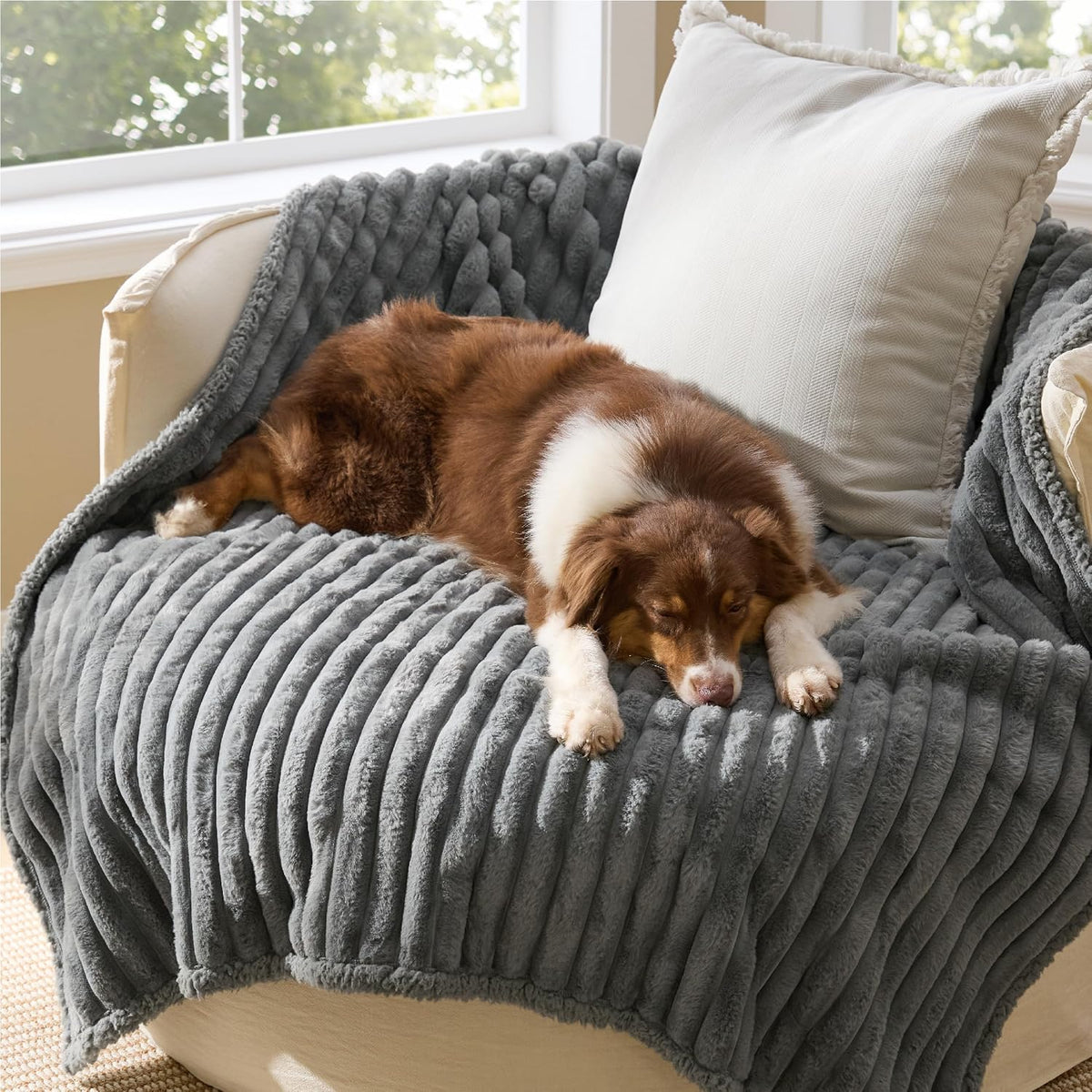 ComfyFleece™ Waterproof Dog Blankets for Large Dogs,50x60 Cream | Soft Plush Couch Cover,Washable Corduroy Fleece for Furniture Protector,Cozy Calming Reversible Pet Blanket for Senior Dogs