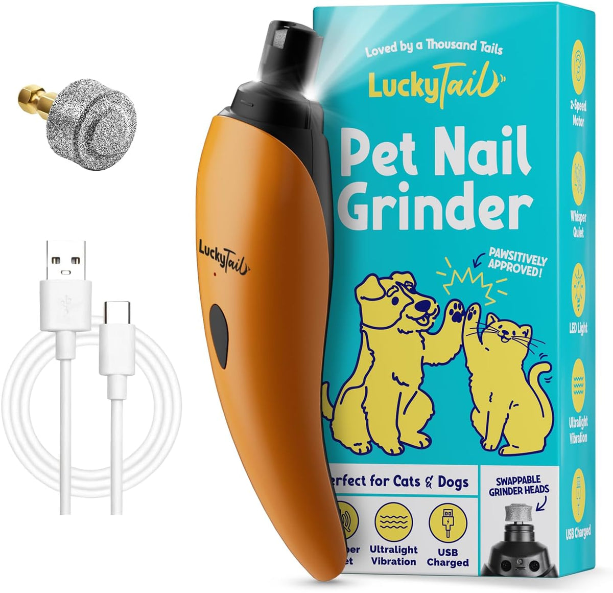 Pet Nail Grinder for Dogs and Cats - Super Quiet and Low Vibration Electric Dog Nail Grinder with 2 LED Lights - USB Rechargeable and Cordless - 2 Speeds - Small to Large Pets