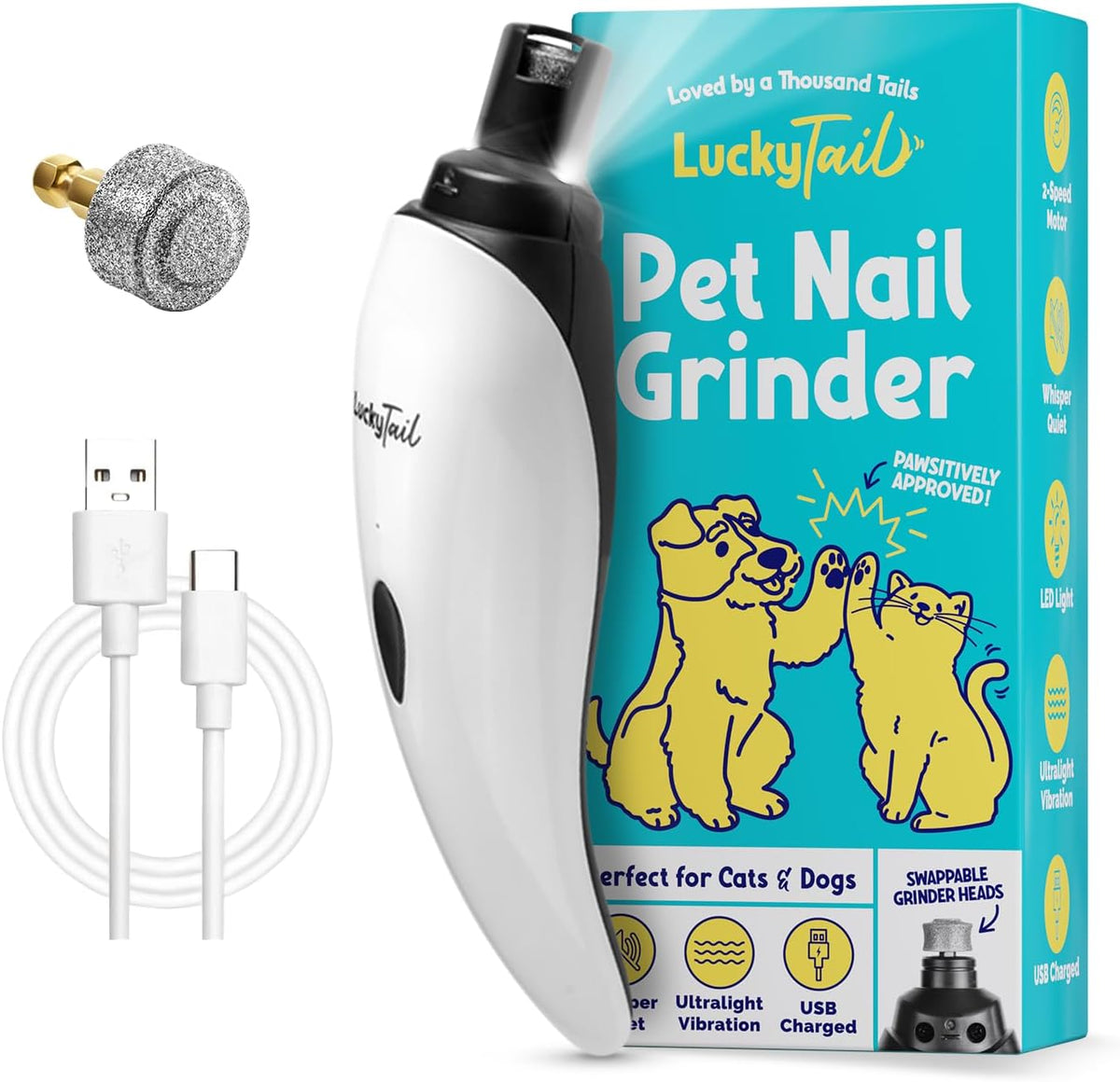 Pet Nail Grinder for Dogs and Cats - Super Quiet and Low Vibration Electric Dog Nail Grinder with 2 LED Lights - USB Rechargeable and Cordless - 2 Speeds - Small to Large Pets