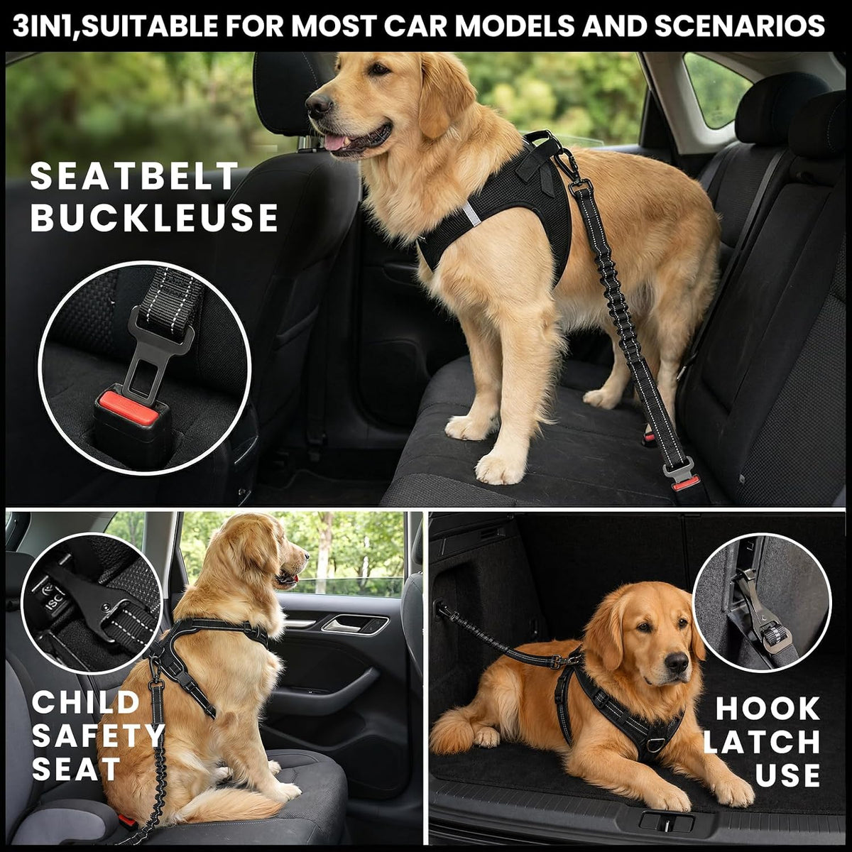 Dog Seat Belt for Car, 3-in-1 Adjustable Dog Seatbelt, Black