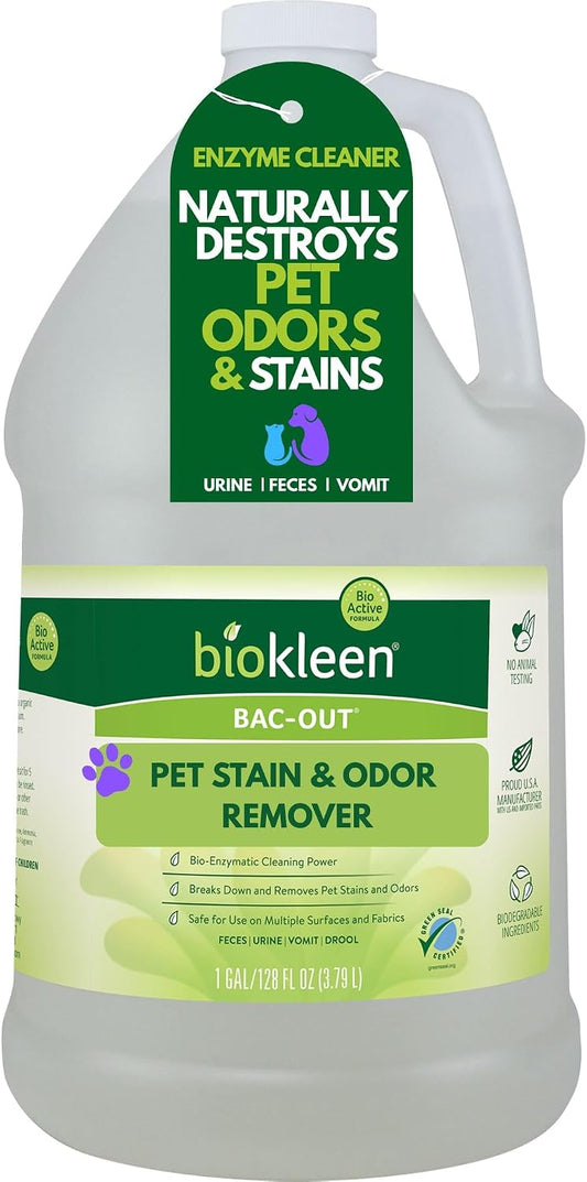 Bac-Out Pet Stain Remover - Enzymatic, Natural, Plant-Based Destroys Stains & Odors, Safe for Surfaces & Fabrics, Carpet Cleaner - Eco-Friendly, Lavender Lime Scent, 1 Gallon