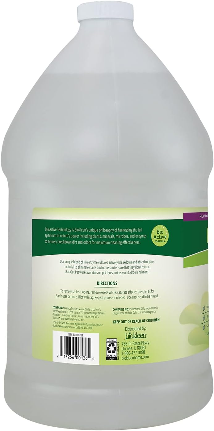 Bac-Out Pet Stain Remover - Enzymatic, Natural, Plant-Based Destroys Stains & Odors, Safe for Surfaces & Fabrics, Carpet Cleaner - Eco-Friendly, Lavender Lime Scent, 1 Gallon