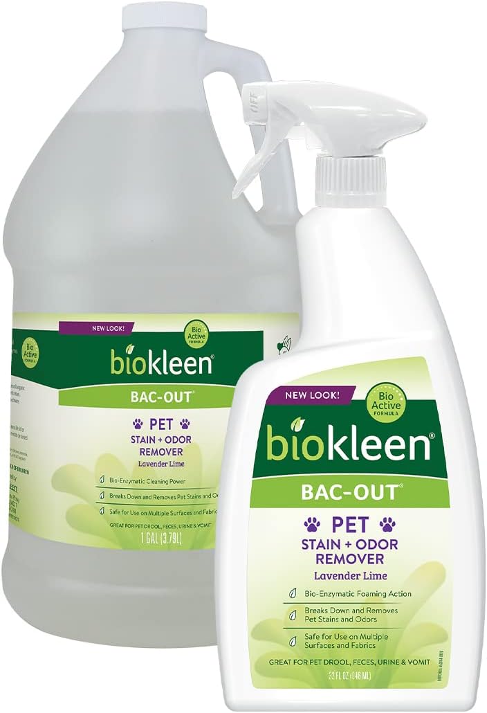 Bac-Out Pet Stain Remover - Enzymatic, Natural, Plant-Based Destroys Stains & Odors, Safe for Surfaces & Fabrics, Carpet Cleaner - Eco-Friendly, Lavender Lime Scent, 1 Gallon