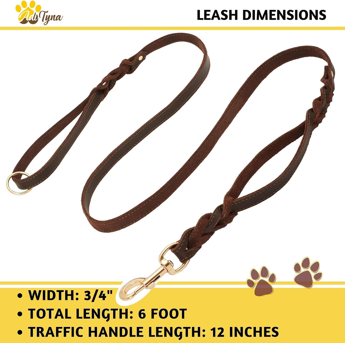 Leather Dog Leash with Traffic Handle, 6ft, Medium & Large Dogs