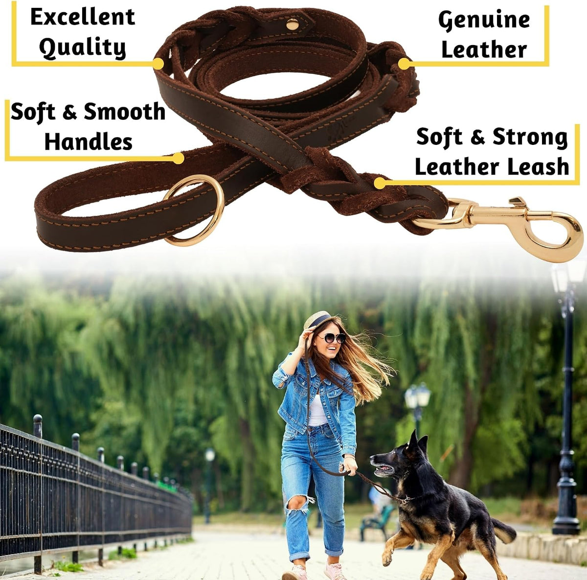 Leather Dog Leash with Traffic Handle, 6ft, Medium & Large Dogs
