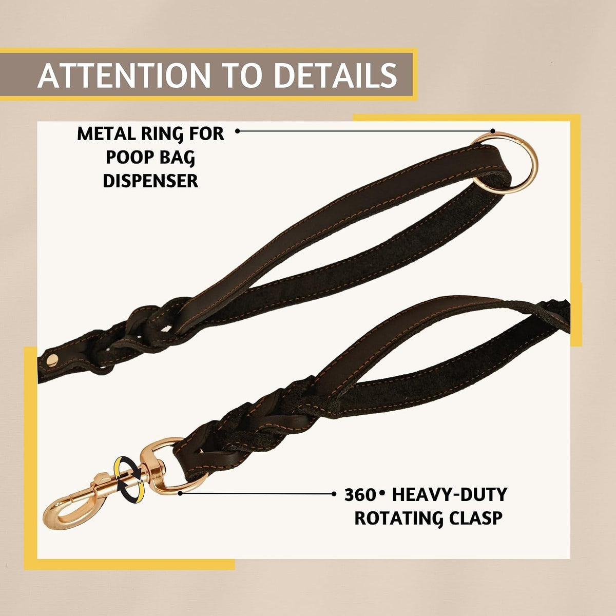 Leather Dog Leash with Traffic Handle, 6ft, Medium & Large Dogs