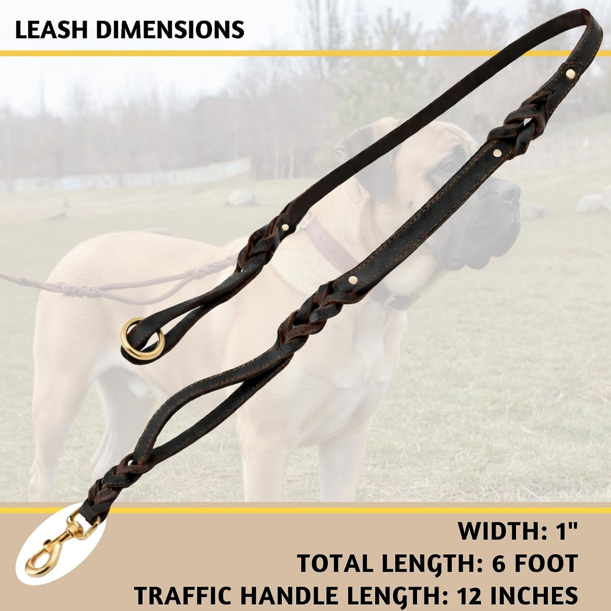 Leather Dog Leash with Traffic Handle, 6ft, Medium & Large Dogs