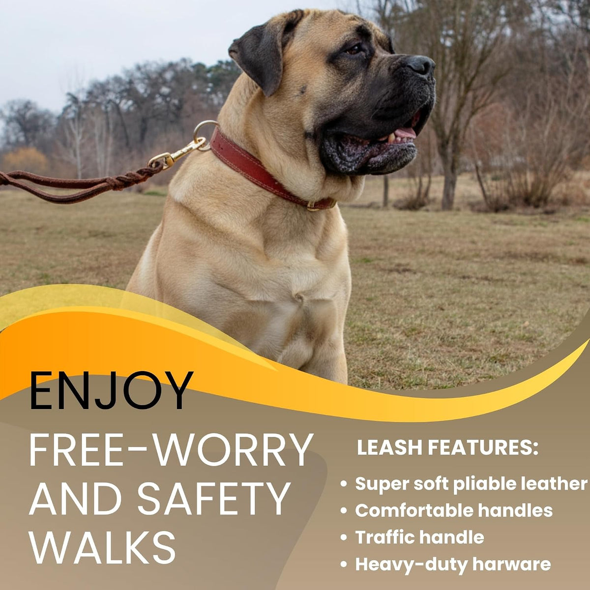 Leather Dog Leash with Traffic Handle, 6ft, Medium & Large Dogs