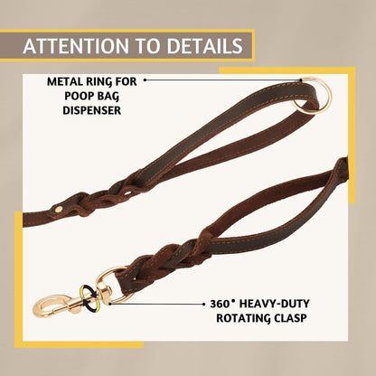 Leather Dog Leash with Traffic Handle, 6ft, Medium & Large Dogs
