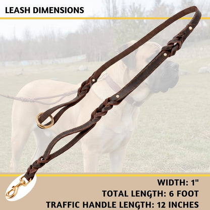 Leather Dog Leash with Traffic Handle, 6ft, Medium & Large Dogs
