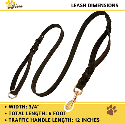 Leather Dog Leash with Traffic Handle, 6ft, Medium & Large Dogs