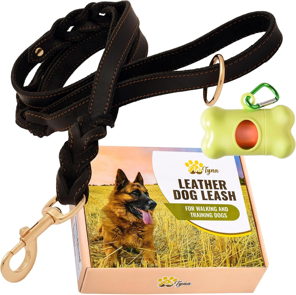 Leather Dog Leash with Traffic Handle, 6ft, Medium & Large Dogs