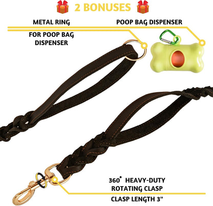 Leather Dog Leash with Traffic Handle, 6ft, Medium & Large Dogs