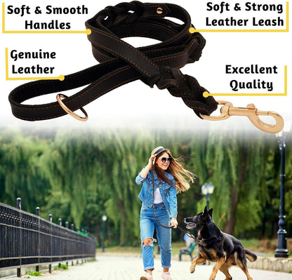 Leather Dog Leash with Traffic Handle, 6ft, Medium & Large Dogs