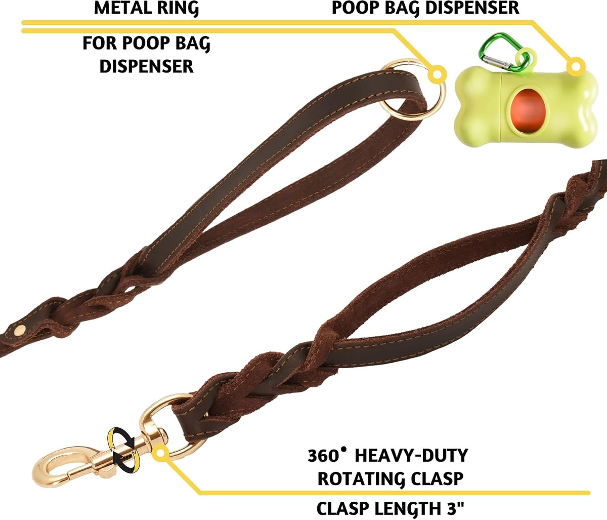 Leather Dog Leash with Traffic Handle, 6ft, Medium & Large Dogs