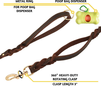 Leather Dog Leash with Traffic Handle, 6ft, Medium & Large Dogs