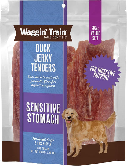 Waggin' Train Duck Jerky Dog Treats for Dogs with Sensitive Stomachs, Made with 100% Real Duck Breasts, Three All-Natural Ingredients, High Protein Dog Treat, Easily Digestible for Dogs, 12 oz. Pouch
