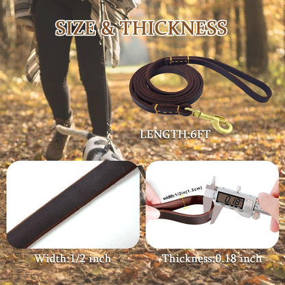 Leather Dog Leash 6ft, Heavy Duty Training Leash for Large Medium Dogs