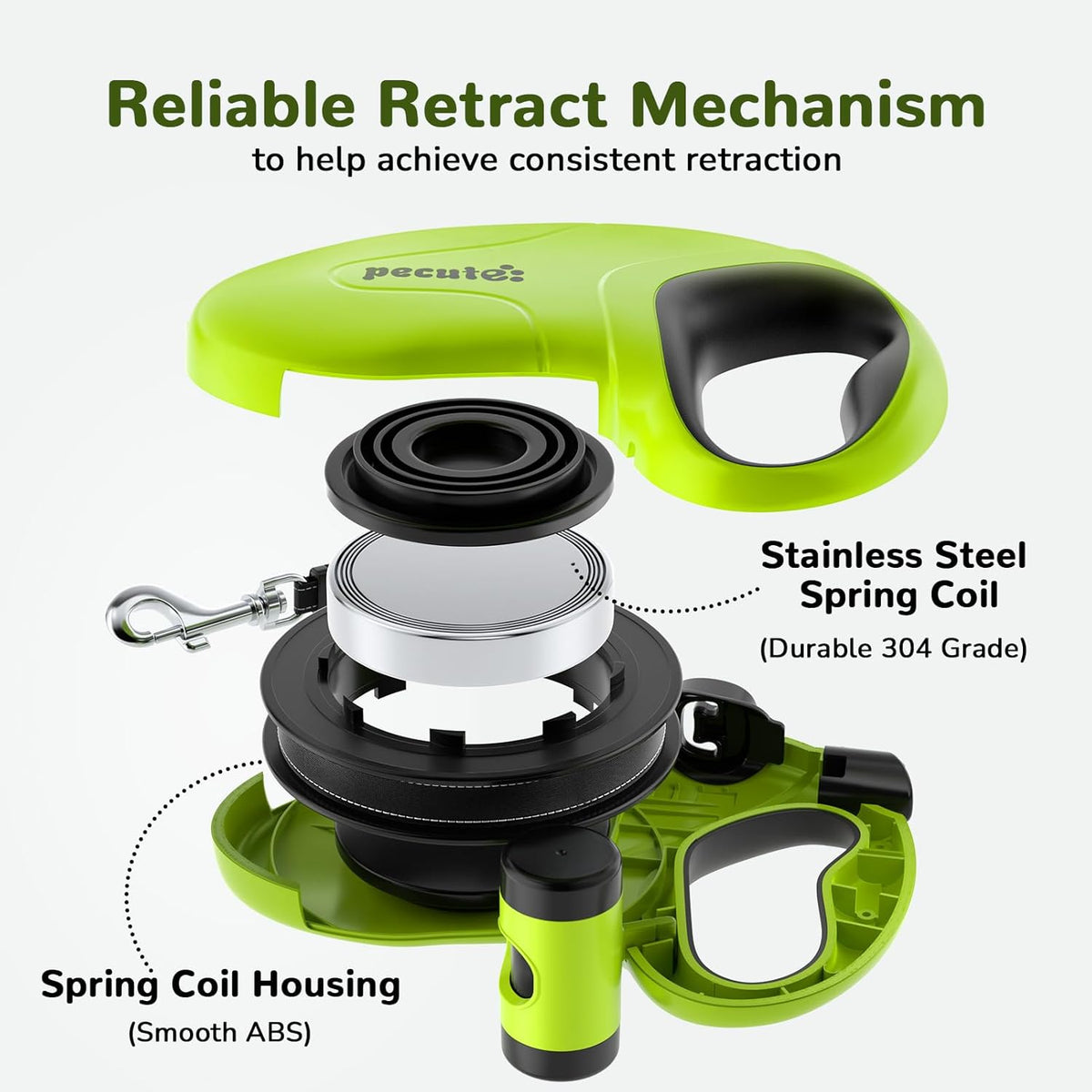 32ft Retractable Dog Leash with Reflective Strips, 360° Tangle-Free, One-Button Control & Sturdiness Nylon Material, Long Leash Retractable with Poop Bag Holder for Medium Large Dog