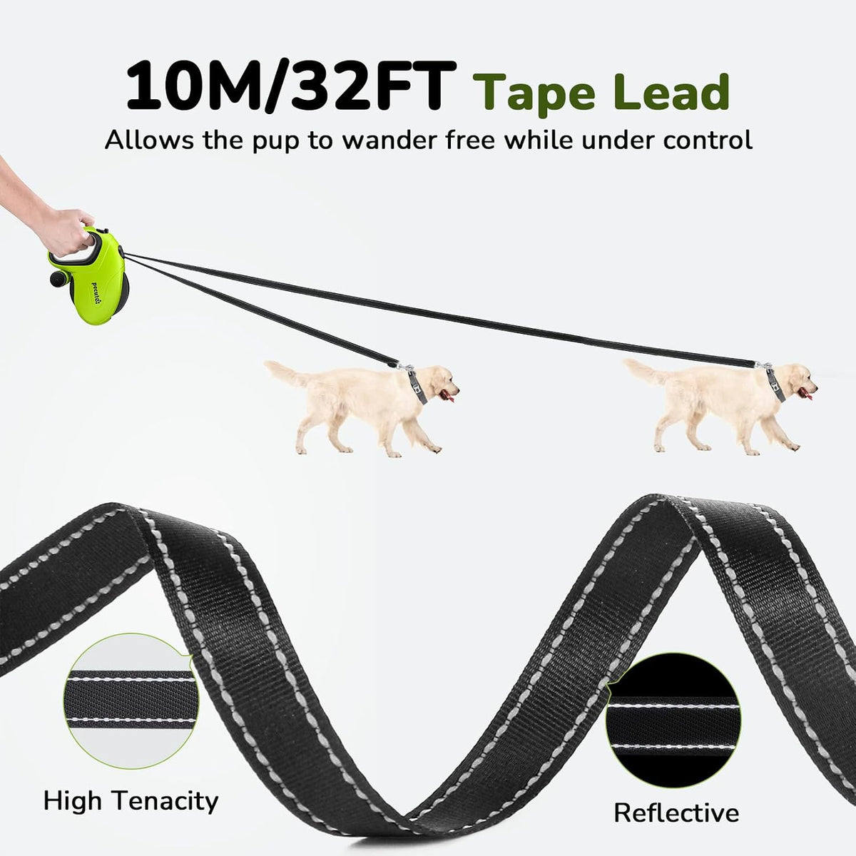 32ft Retractable Dog Leash with Reflective Strips, 360° Tangle-Free, One-Button Control & Sturdiness Nylon Material, Long Leash Retractable with Poop Bag Holder for Medium Large Dog