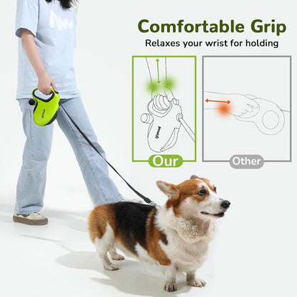 32ft Retractable Dog Leash with Reflective Strips, 360° Tangle-Free, One-Button Control & Sturdiness Nylon Material, Long Leash Retractable with Poop Bag Holder for Medium Large Dog