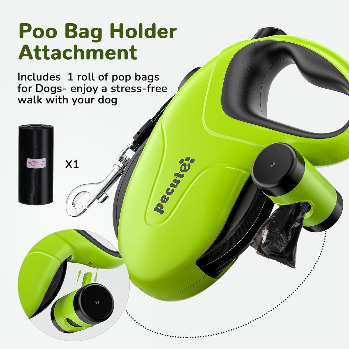 32ft Retractable Dog Leash with Reflective Strips, 360° Tangle-Free, One-Button Control & Sturdiness Nylon Material, Long Leash Retractable with Poop Bag Holder for Medium Large Dog