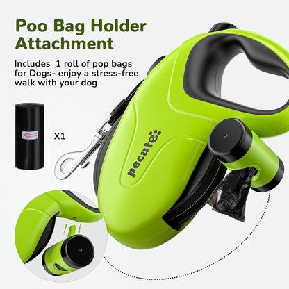 32ft Retractable Dog Leash with Reflective Strips, 360° Tangle-Free, One-Button Control & Sturdiness Nylon Material, Long Leash Retractable with Poop Bag Holder for Medium Large Dog