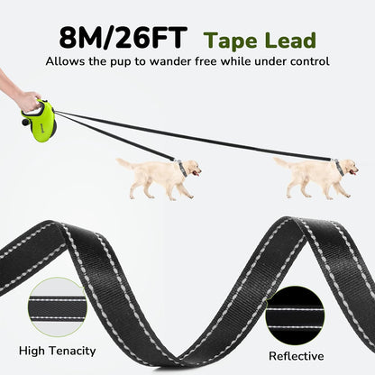 32ft Retractable Dog Leash with Reflective Strips, 360° Tangle-Free, One-Button Control & Sturdiness Nylon Material, Long Leash Retractable with Poop Bag Holder for Medium Large Dog