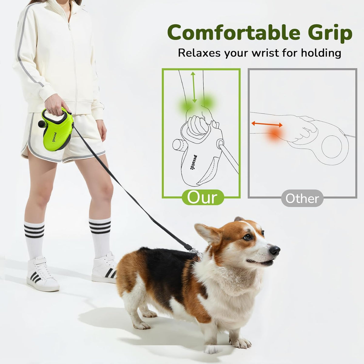 32ft Retractable Dog Leash with Reflective Strips, 360° Tangle-Free, One-Button Control & Sturdiness Nylon Material, Long Leash Retractable with Poop Bag Holder for Medium Large Dog