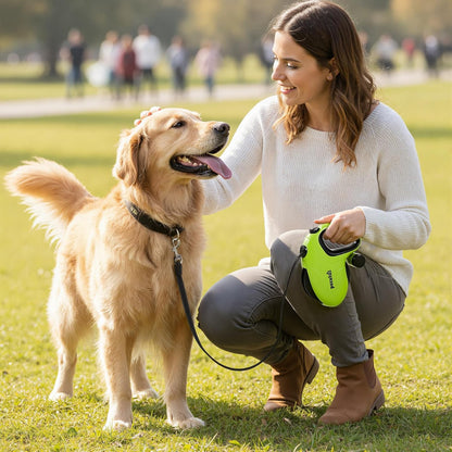 32ft Retractable Dog Leash with Reflective Strips, 360° Tangle-Free, One-Button Control & Sturdiness Nylon Material, Long Leash Retractable with Poop Bag Holder for Medium Large Dog