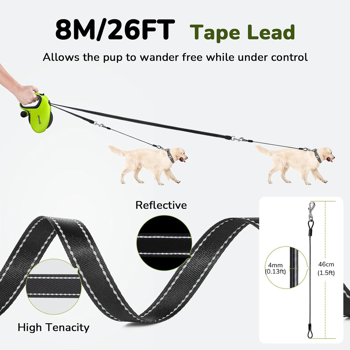 32ft Retractable Dog Leash with Reflective Strips, 360° Tangle-Free, One-Button Control & Sturdiness Nylon Material, Long Leash Retractable with Poop Bag Holder for Medium Large Dog
