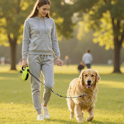 32ft Retractable Dog Leash with Reflective Strips, 360° Tangle-Free, One-Button Control & Sturdiness Nylon Material, Long Leash Retractable with Poop Bag Holder for Medium Large Dog