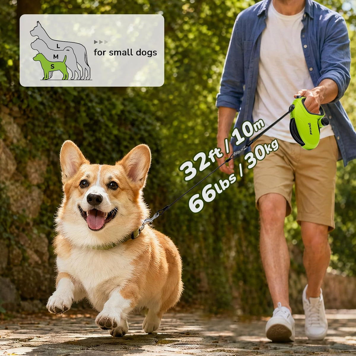 32ft Retractable Dog Leash with Reflective Strips, 360° Tangle-Free, One-Button Control & Sturdiness Nylon Material, Long Leash Retractable with Poop Bag Holder for Medium Large Dog