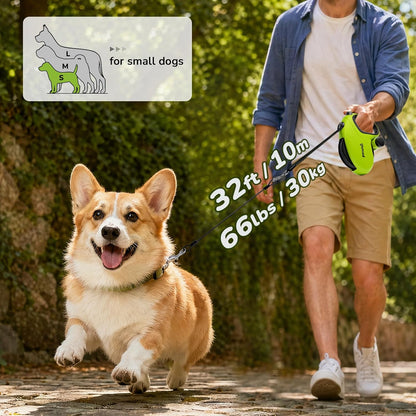 32ft Retractable Dog Leash with Reflective Strips, 360° Tangle-Free, One-Button Control & Sturdiness Nylon Material, Long Leash Retractable with Poop Bag Holder for Medium Large Dog